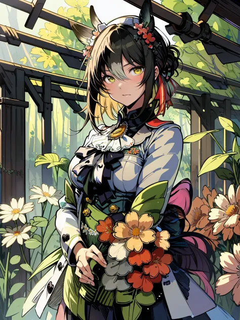 there is a painting of a girl in a garden with flowers, beautiful anime artwork, a beautiful artwork illustration, by yoshihiko ...