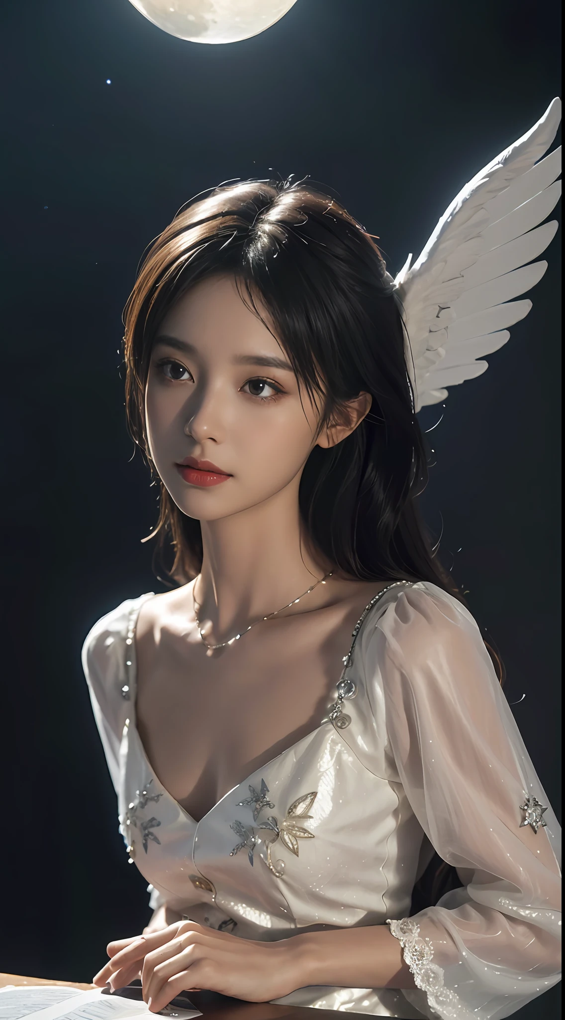 illustration: 1.3),（ paper art: 1.3), 3D rendering of, Beautiful Angel Close your eyes, Star and moon best quality, Detailed details, Masterpiece, offcial art, movie light effect, 4K, Chiaroscuro , Flash
