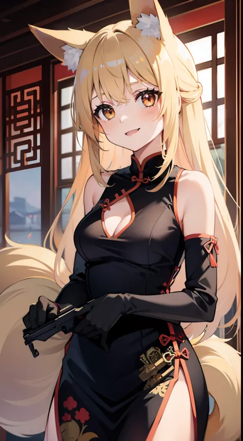 young girl, longue blonde hair, Brown eyes, fox ears and tail, Chinese dress, ssmile, submachine gun, Masterpiece, hiquality