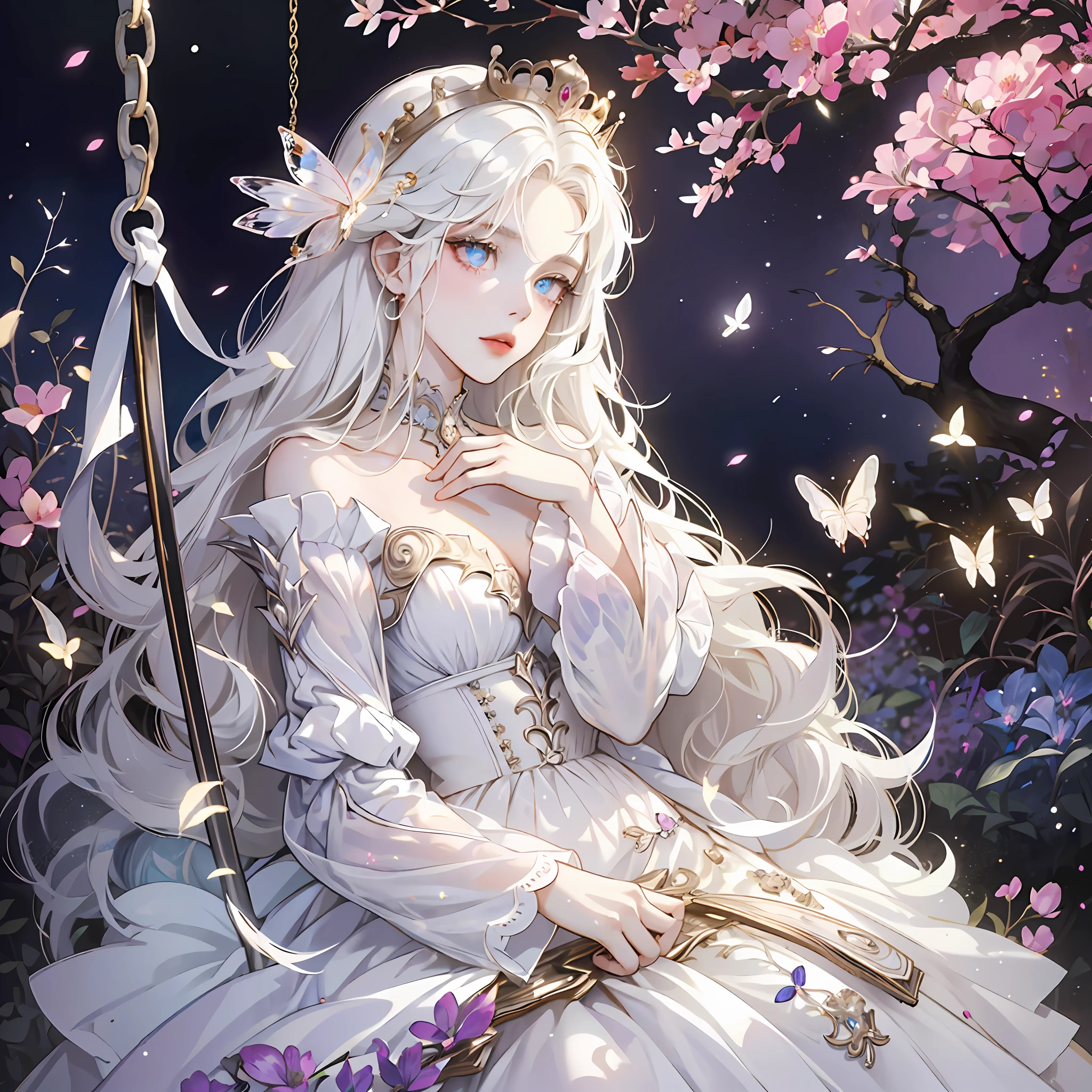 1 woman with a crown，the night，Sitting on a swing in the garden，Beautiful and elegant butterfly queen, Guviz, Fantasy art style, 8K high quality detailed art, Butterfly Lord, Beautiful and seductive butterfly princess，digital fantasy art , ellegance, (long  white hair，White-colored skin，The skin is translucent white，sparkle in eyes，Wearing a beautiful dress，Scalloped sleeves，beautiful  face， pale face），Glow-in-the-dark flowers，Particle，Glow，Guviz-style artwork, WLOP Art,