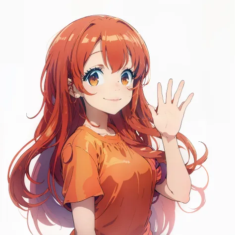 Anime girl, teen, smile, long hair, hair colour red, wear orange clothes, wave hand