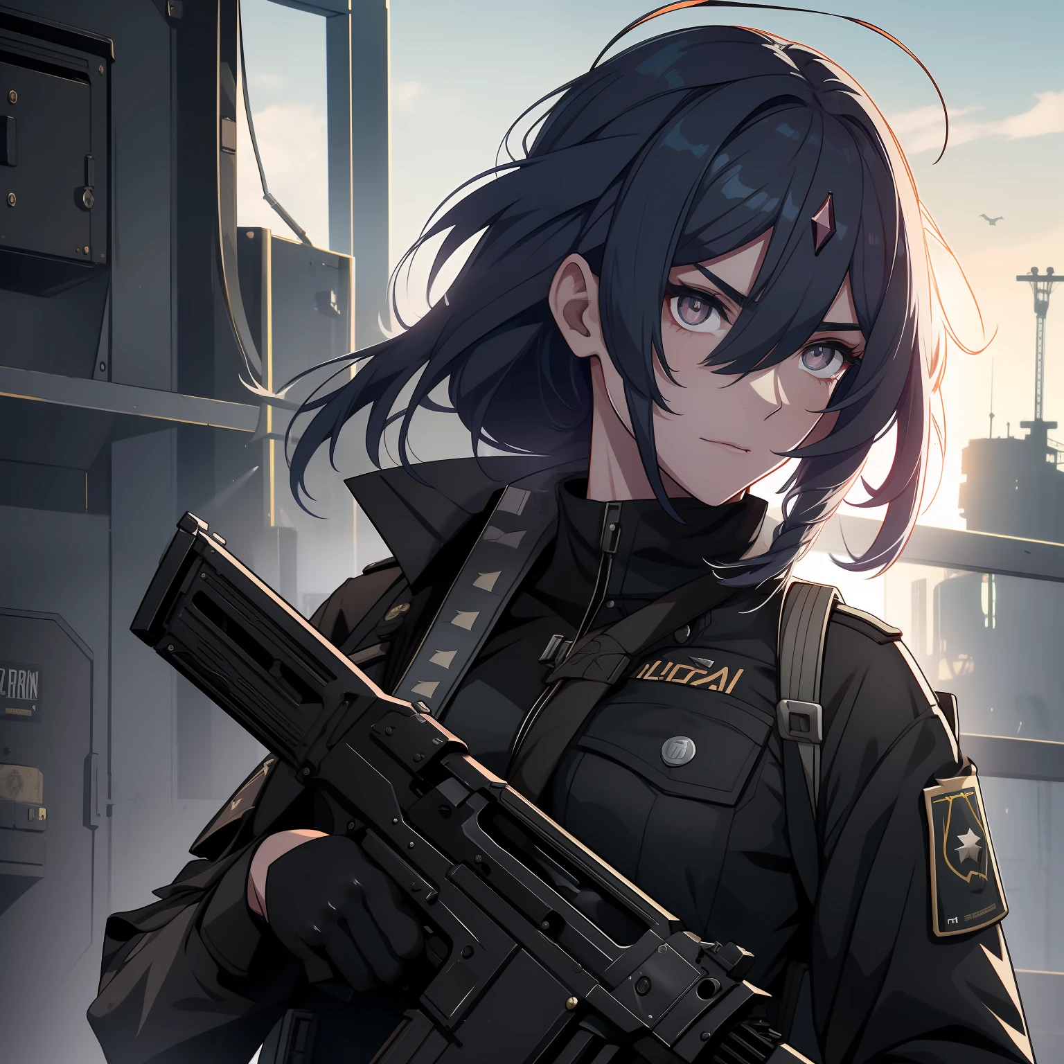 Black military uniform, battle ground, black hair, black eyes, detailed eyes, best quality, HD, beautiful eyes, ak-47, ak-74, holding gun, holding AK47, akm, Kalashnikov rifle, Emotionless face, night, Tacticool, woman vest

military,