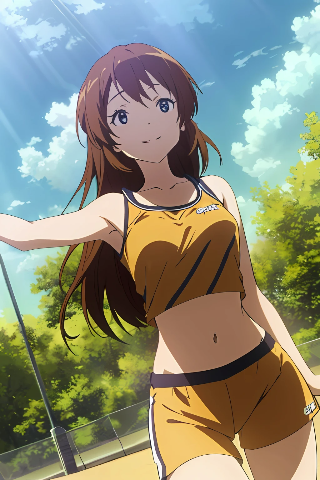 (highres, best quality:1.2), 1girl, radiance, soft contours, beautiful drawing, upper body, concept art, eyelashes, kyoani hyouka style, detailed background, bright colors,
charlotte e. yeager, long orange hair, funny smile, sleeveless shirt, sports shorts, open arms,
 outdoors, summer, sports court, blue sky, sunny day, sun rays, glare