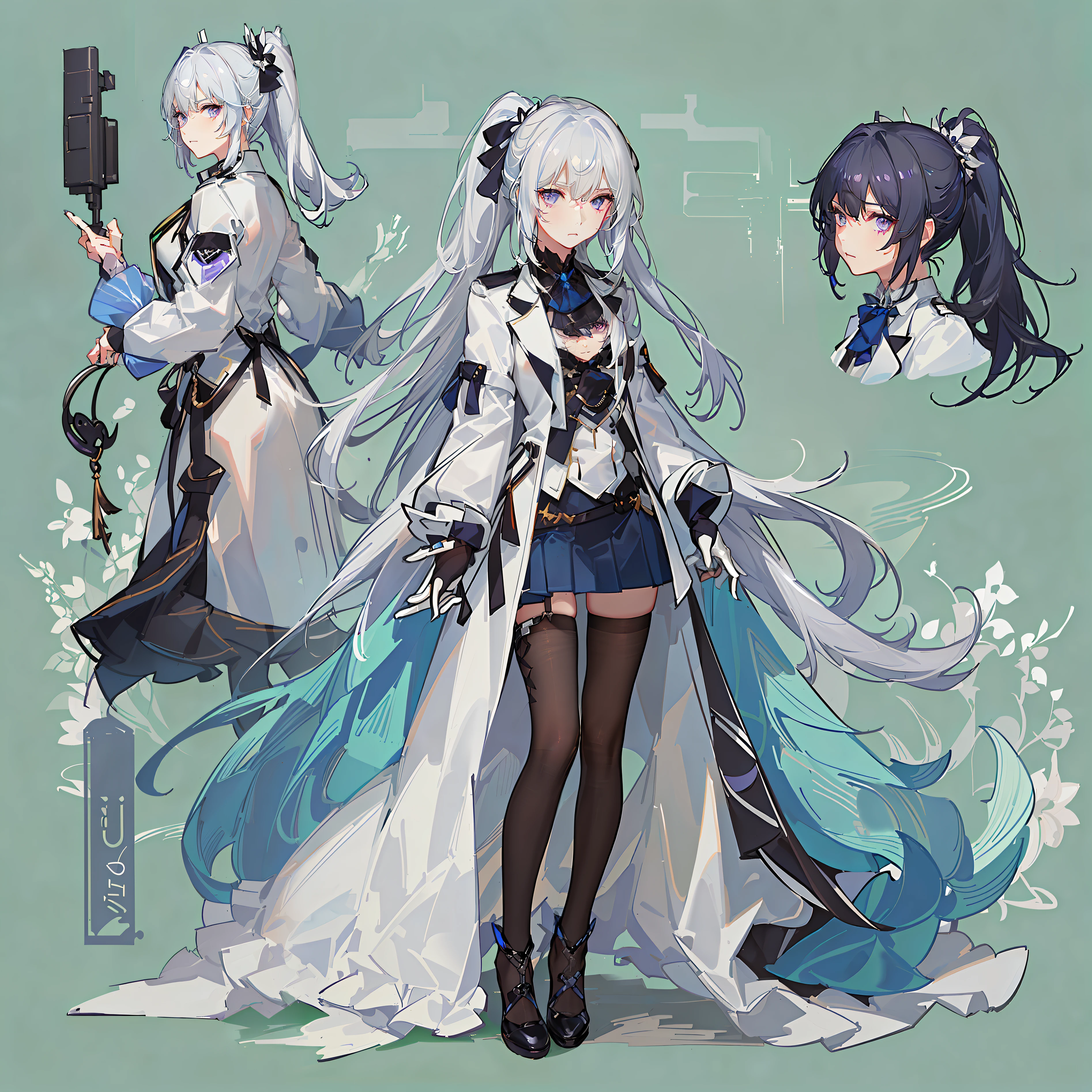Girl with blue and white hair，Wearing a thick white coat，Large lapels，Black underwear，Purple eyes，Industrial style clothing，From the maiden front，From the Ark of Tomorrow，Blue strap decoration，Bust，Half-buttoned coat，Dong with a high ponytail，small，solo person，White half-button coat，Mature girl，a black pleated skirt