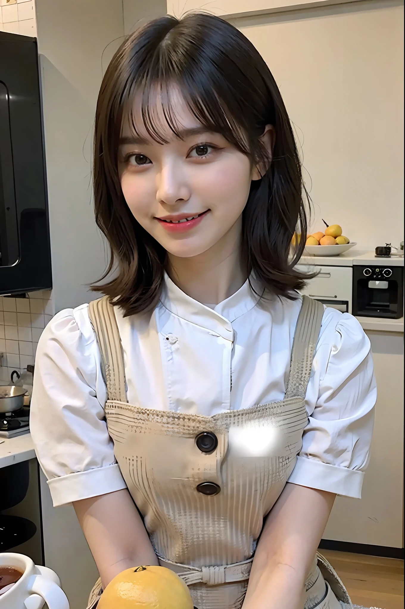 a woman is cooking、(kitchin_Apron:1.Wear 3)、Good Hand、4K、hight resolution、​masterpiece、top-quality、Cap:1.3、((Hasselblad photo))、Fine skin、foco nítido、(lighting like a movie)、Soft lighting、dynamic ungle、[:(详细的脸:1.2):0.2]、Medium chest、sweats streamed skin:1.2、(((In the kitchen))) A smile　Beautiful profile　Colossal tits　Beautiful body　Tying hair　Wide background々and a luxurious living room　Luxurious and luxurious living　Luxurious living room　Beautiful living room　Beautiful living room　A smile　an orange　lemons　A smile　Laughing　banana in　pineapple