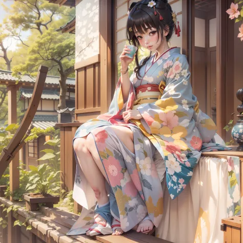 On the porch of a Japan house,cool off,Dressed in kimono,angelicales,female pervert,