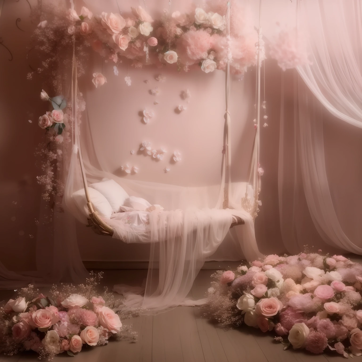 a close up of a swing with flowers and a pillow, dreamy and detailed, ethereal and dreamy theme, very magical and dreamy, dreamy atmosphere and drama, floral dream, portal made of roses, bed of flowers on floor, with soft pink colors, baroque style painting backdrop, dreamy and ethereal, ethereal fairytale, floral painted backdrop, dreamy scene, dreamy atmosphere