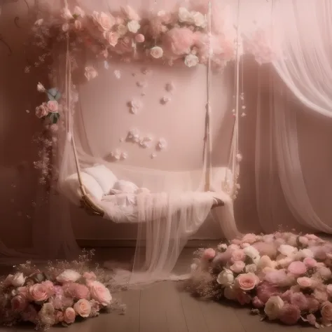 a close up of a swing with flowers and a pillow, dreamy and detailed, ethereal and dreamy theme, very magical and dreamy, dreamy...