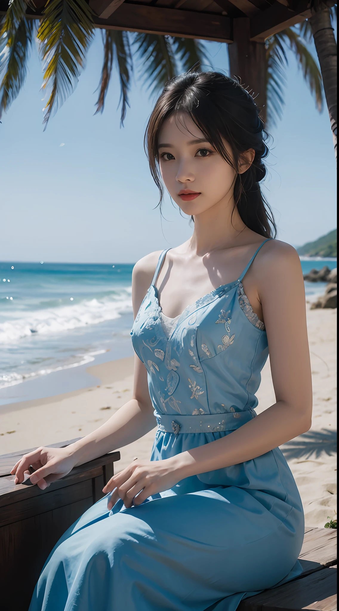 A beauty blue dress sea blue sky beach detailed details, Masterpiece, offcial art, movie light effect, 4K, Chiaroscuro , Flashing Canon photography realistic