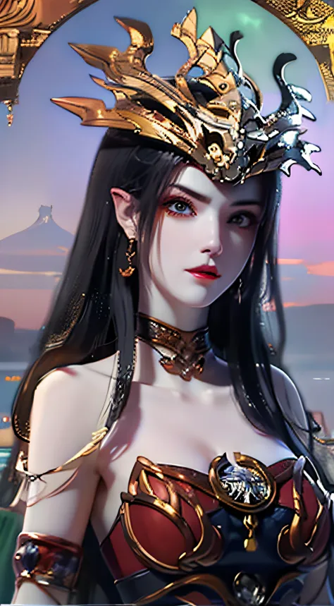 1 Very beautiful Queen Medusa in the Han house, Thin red silk shirt，There are many yellow patterns, Black lace top, crown on her head, Long hair dyed black, beautiful hair ornaments, Nice cute face, Perfect face, Earring jewelry, Antique jewelry, Big red e...