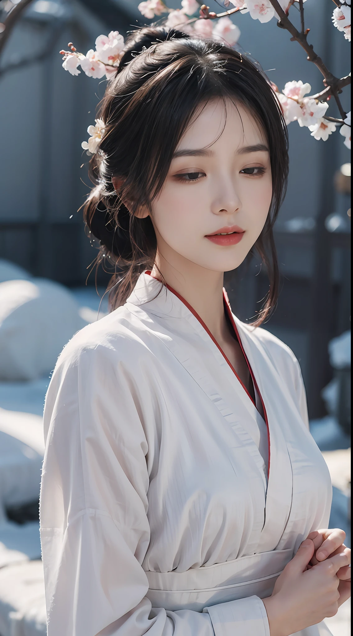 Hanfu plum blossom snow beauty closed eyes side face detailed details, Masterpiece, offcial art, movie light effect, 4K, Chiaroscuro , Flashing Canon photography realistic