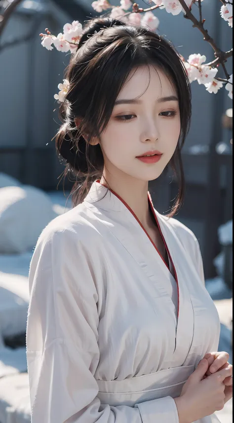 Hanfu plum blossom snow beauty closed eyes side face detailed details, Masterpiece, offcial art, movie light effect, 4K, Chiaros...