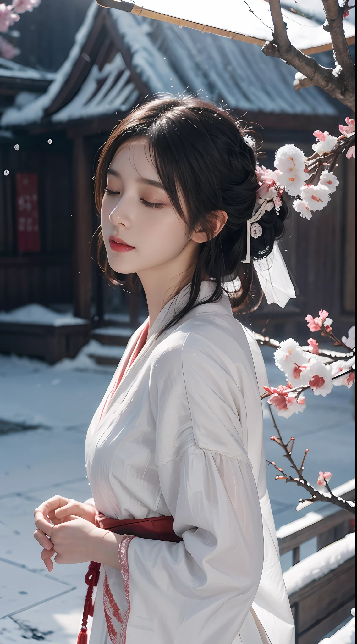 Hanfu plum blossom snow beauty closed eyes side face detailed details, Masterpiece, offcial art, movie light effect, 4K, Chiaroscuro , Flashing Canon photography realistic