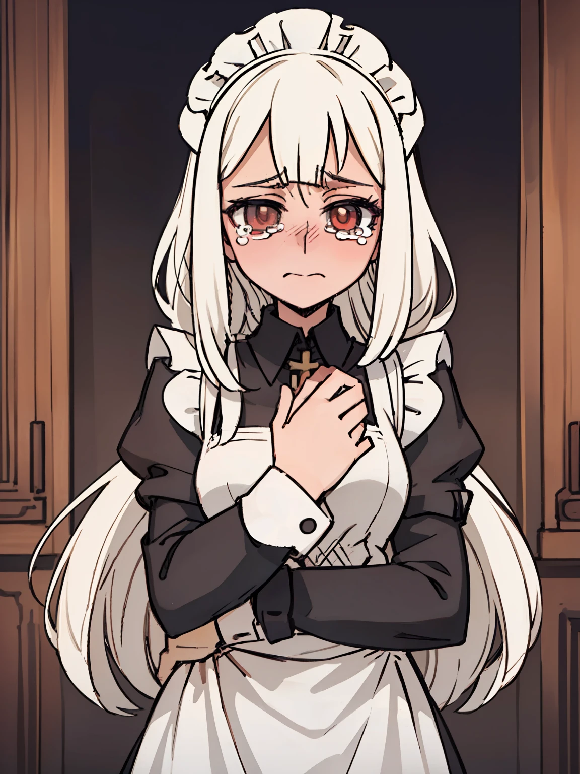 A girl frontal,((full bodyesbian,Long curly white hair,the maid outfit,streaming tears)),Beth,Put your hands in front,Young, White background