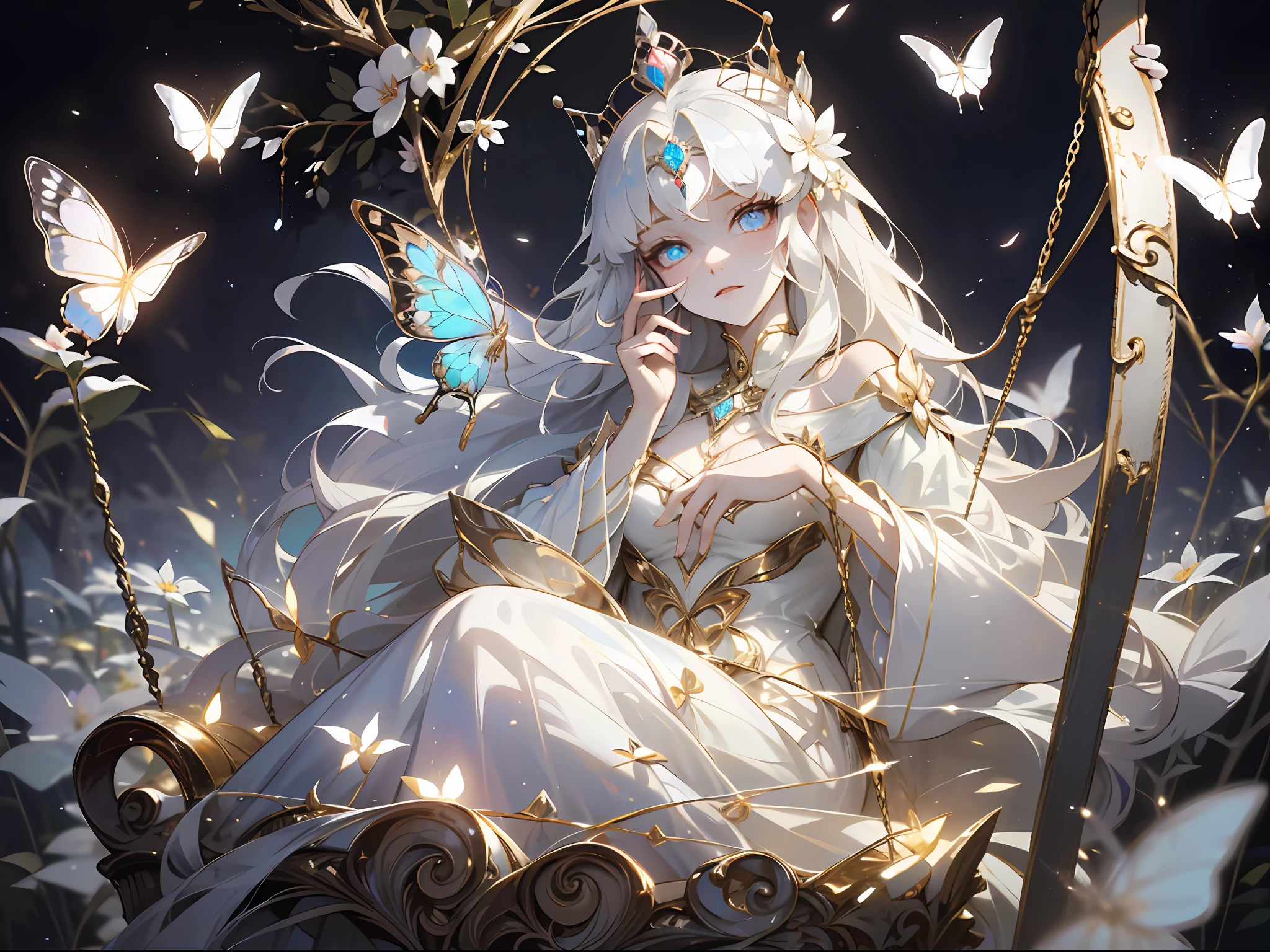 1 woman with a crown，the night，Sitting on a swing in the garden，dream colors，Beautiful and elegant butterfly queen, Guviz, Fantasy art style, 8K high quality detailed art, Butterfly Lord, Beautiful and seductive butterfly princess，digital fantasy art , ellegance, (long  white hair，White-colored skin，The skin is translucent white，sparkle in eyes，Wearing a beautiful dress，Gold wire butterfly sleeves，beautiful  face， pale face），Glow-in-the-dark flowers，Particle，Glow，Guviz-style artwork, WLOP Art,