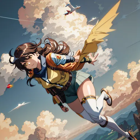 Anime girls flying in the sky，Wearing a yellow cloak and goggles, Artgerm and Atey Ghailan, Ross Tran 8 K, 2. 5 D CGI anime fant...