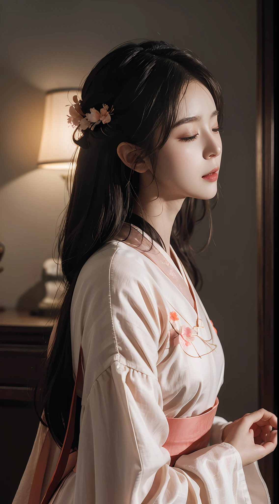 Hanfu Peach Blossom Beauty Closed Eyes Side Face Detailed details, Masterpiece, offcial art, movie light effect, 4K, Chiaroscuro , Flashing Canon photography realistic