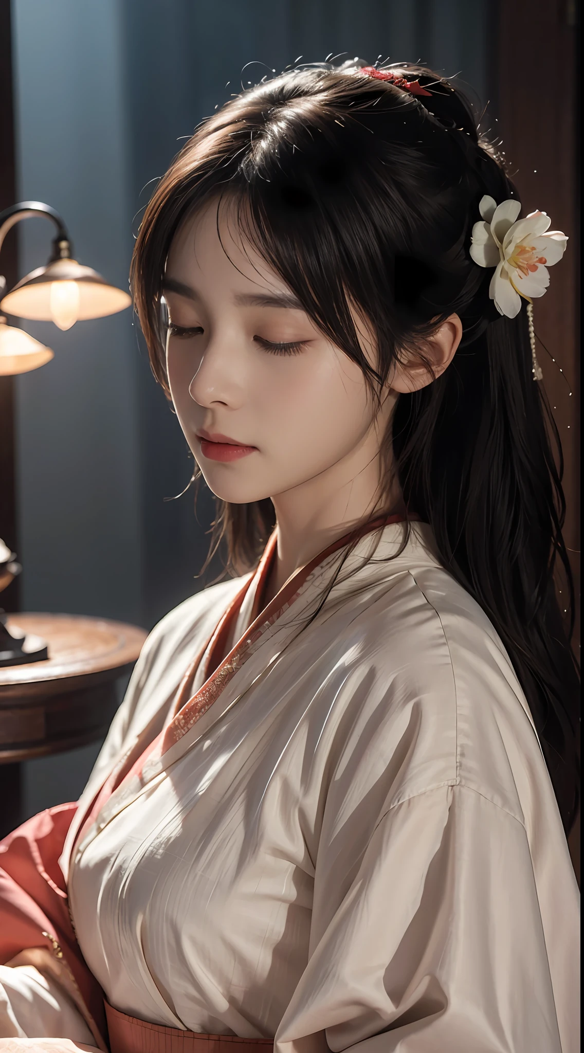 Hanfu Peach Blossom Beauty Yeux fermés Visage latéral Détails détaillés, chef-d&#39;œuvre, art officiel, effet de lumière de film, 4K, Clair-obscur , Photographie Canon clignotante réaliste