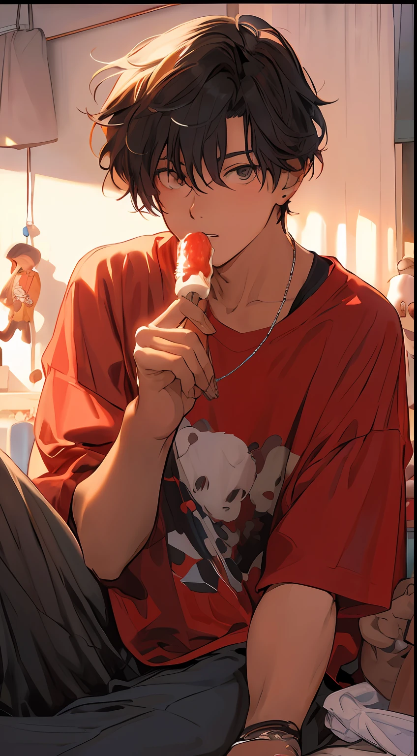 Anime boy with a red shirt eating a lollipop in a bedroom - SeaArt AI