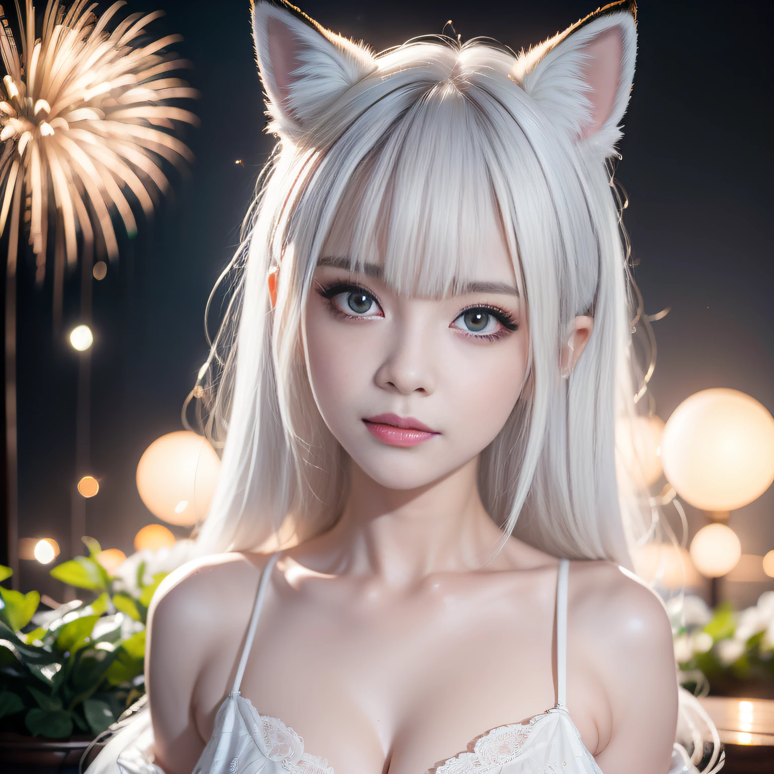 Fox demon fox ears white haired girl，Overlooking the night view of Chang'an，Delicate pupils，Sexy and feminine，Sit Pose，fluffy fox ears，fox tails，Big sparkling sapphire eyes，No ears，Reddish tone，Gorgeous fireworks background，Pink floral maxi dress，A beauty with only fox ears，medium boob，Fox eyes，Enchanted，Charming，16k， best qualityer， tmasterpiece， 1womanl， 独奏， mature， Raised sexy， Highly detailed face and eyes， professional make-up， ，Fox ears white hair girl，Blur at close range，blurryforeground，，Background bokeh，depth of fields，edge lit，long eyelasher，