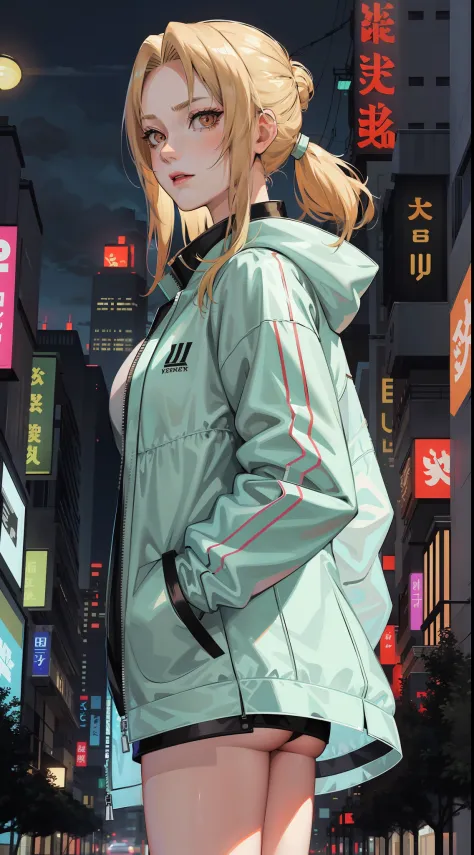 Tsunade，The blonde is wearing a plastic transparent jacket，Draw lines on your face，Inspired by:《cyber punk edge runner》，heroines"lucy"Plastic clothes，High-rise buildings with night light in the background