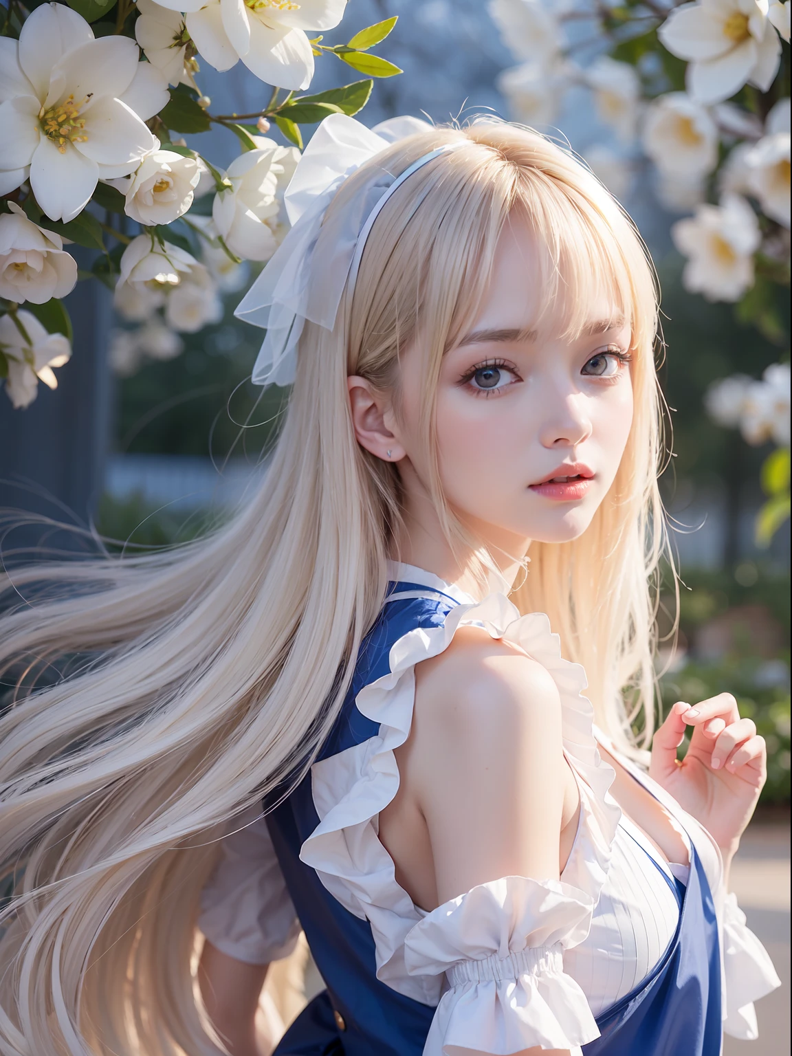 portlate、Alice in Wonderland、Blue sky、Bright and very beautiful face、Young shiny shiny white shiny skin、Best Looks、Platinum blonde hair with dazzling highlights、Super long silky straight hair、Beautiful bangs that shine、Glowing crystal clear big blue eyes、Very beautiful lovely 16 year old beautiful girl、White Apron、Blue Dress