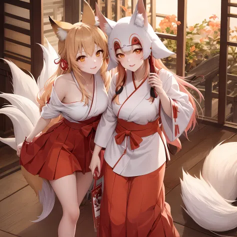 Anime girl with card holding red skirt and white yukata,ocher hair、 fox nobushi, foxes, Fox three-tailed fox, with kitsune mask,...