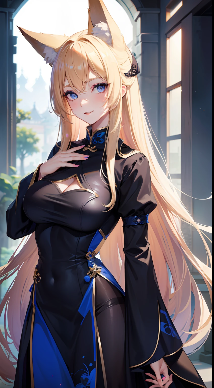 Adult woman, longue blonde hair, The eyes are blue, fox ears and tail, Black Chinese dress, ssmile, blue lipstick, Masterpiece, hiquality