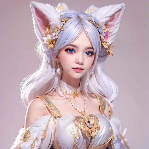 fox ears white hair girl，fluffy fox ears，fox tails，no ears，pink floral maxi dress，a beauty with only fox ears，hair clogs the ear...