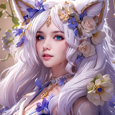 Fox ears white hair girl，fluffy fox ears，fox tails，No ears，Pink floral maxi dress，A beauty with only fox ears，Hair clogs the ear...