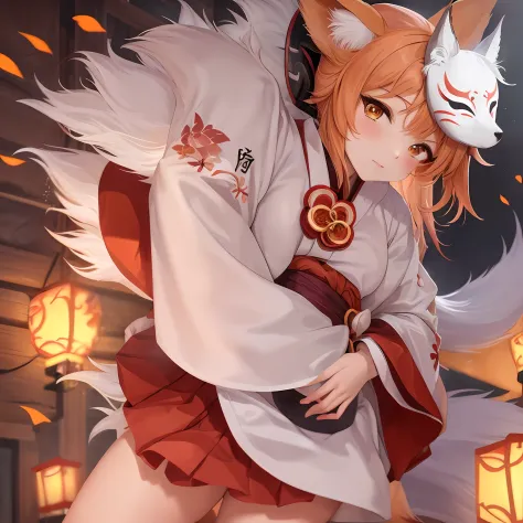 One girl in anime with a card holding a red skirt and a white yukata,ocher hair、 fox nobushi, foxes, Fox three-tailed fox, with ...