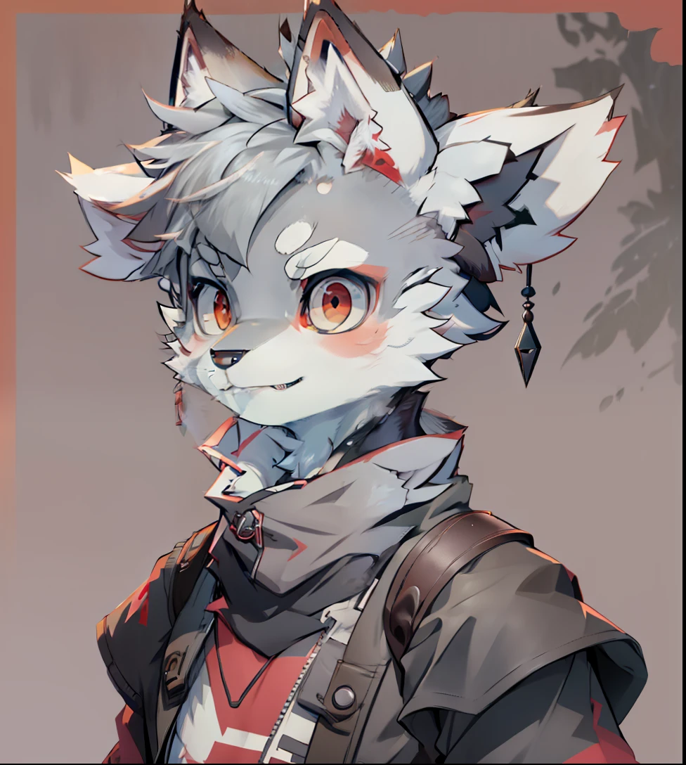 Wolf face，red color eyes，The clock pattern can be mapped in the eyes，Ancient hotel counter，The picture is neat，Pure white hair all over the body，There is a little red dye on the hair，shoun，male people，gentleness，Wolf ears，White ears，laughingly，Sharp teeth，glomy，adolable，Dark blue top，Facial features of wolves，Wolf palm，furry，Covered in furry，shaggy，furry，short detailed hair，Cute teenager，coyote，orthofacial