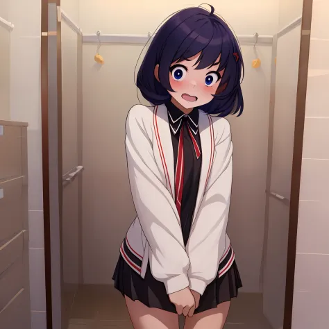 (masterpiece, best quality), (1girl, cute, surprised, underwear, detailed outfit), changing room, school, embarrassed