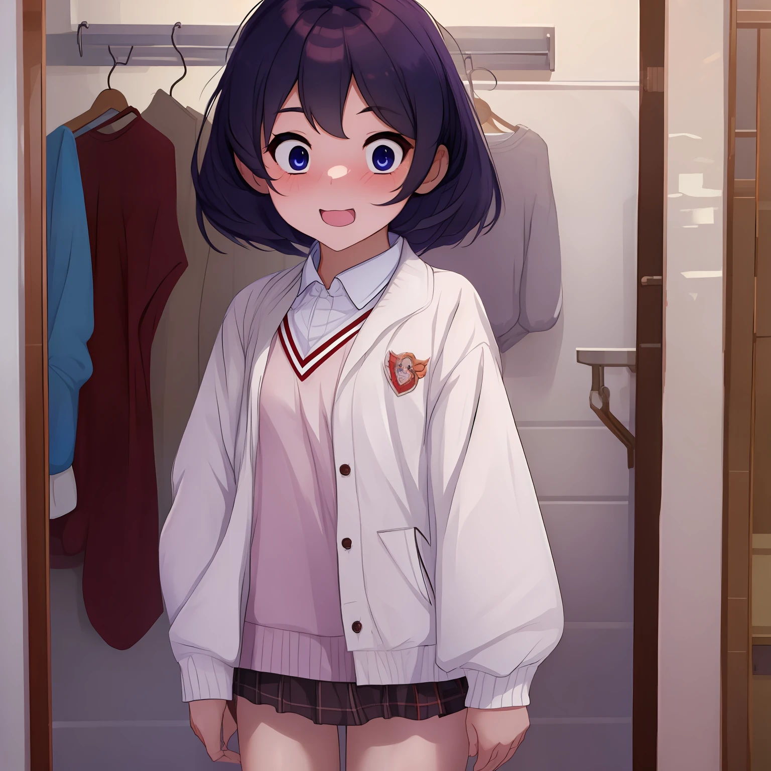 (masterpiece, best quality), (1girl, cute, surprised, underwear, detailed outfit), changing room, school, embarrassed, changing her underwear
