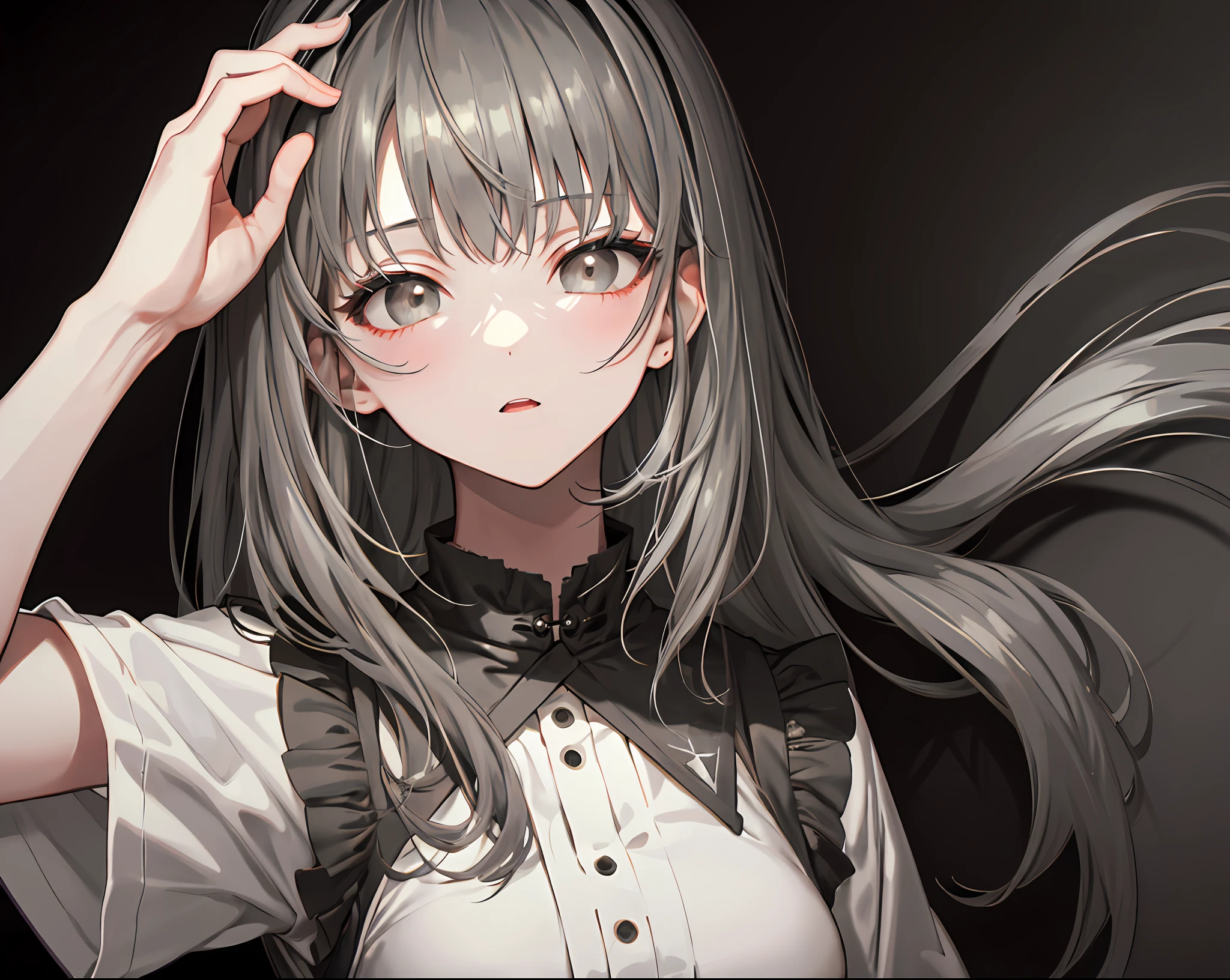 【Highest quality, masterpiece】 [1 Girl, upper garment, facial expression, black eyes, front facing, black hair, walking, upper body] (gray background:1.7)