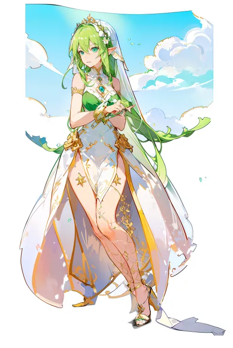 Photo of a woman in a green corset and a green dress,Palutna with a white transparent veil, lady palutena, Elf Princess, allurin...