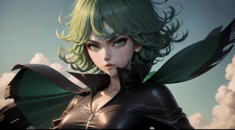 real life tatsumaki from one punch man, flying in the sky with green hair and black dress over the field, with green curly hair....