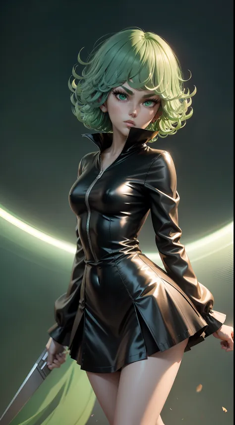 full body shot of a real life tatsumaki from one punch man, solo, flying in the sky with green hair and black dress in a green f...