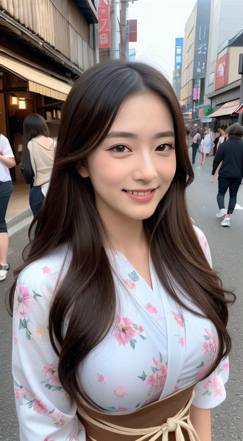 ((top-quality、8k、​masterpiece:1.3))、selfy、Beautuful Women:1.4、(Brown Long Hair、Normal breasts:1.3)、(Japanese floral yukata)、Highly detailed facial and skin texture、A detailed eye、double eyelid、A smile:1.5、full bodyesbian、matsuri、In the street、natta、The upper part of the body