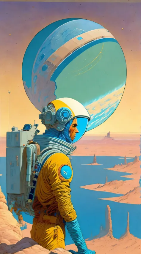 a painting of a astronaut in space suit, standing on a cliff with a large spaceship in the background by moebius jean giraud