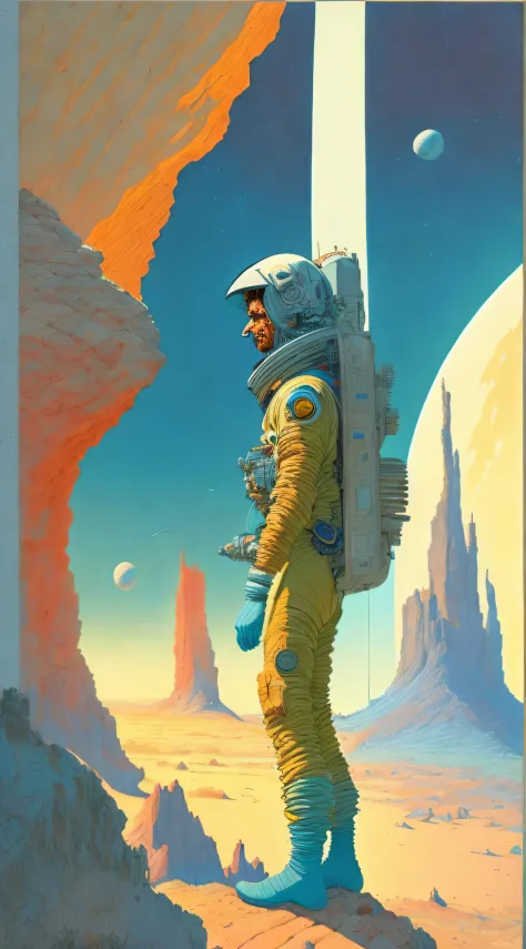 a painting of a astronaut in space suit, standing on a cliff with a large spaceship in the background by moebius jean giraud