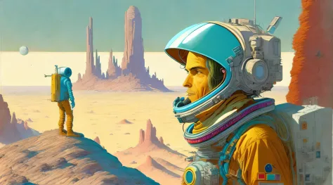 a painting of a astronaut in space suit, standing on a cliff with a large spaceship in the background by moebius jean giraud