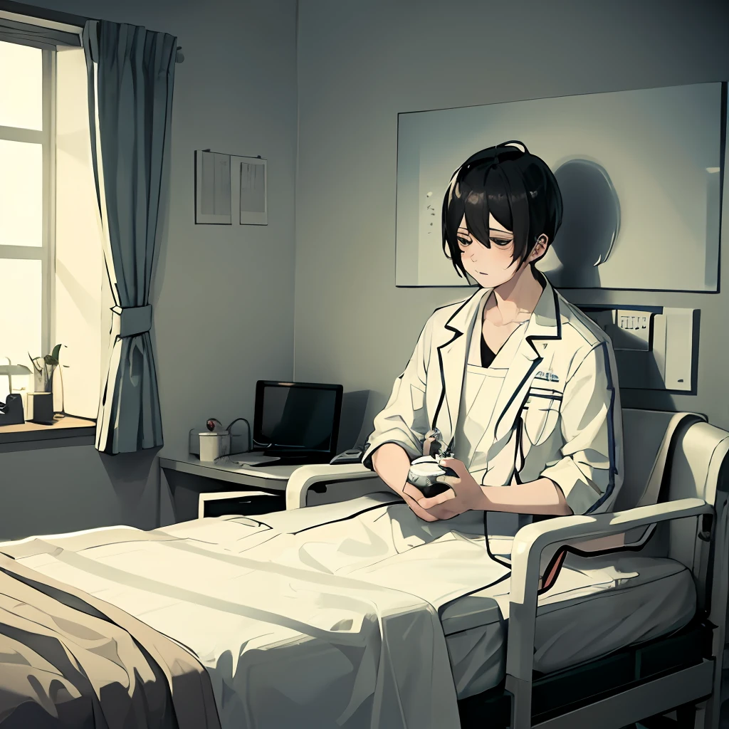 （tmasterpiece，best qualtiy，A detailed：1.1），yisang_limbus，default_outfit，1boy，solo，In a hospital bed，Medical instruments，Patient gown