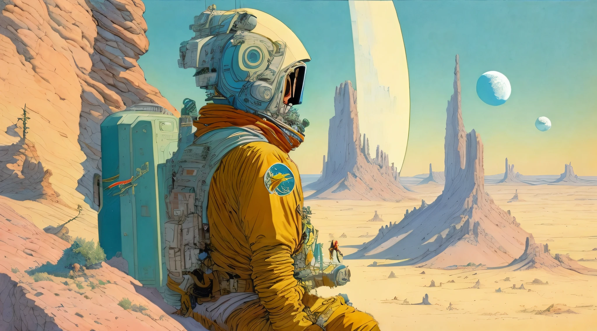 uma pintura de um astronauta em traje espacial, de pé em um penhasco com uma grande nave espacial ao fundo por Moebius Jean Giraud