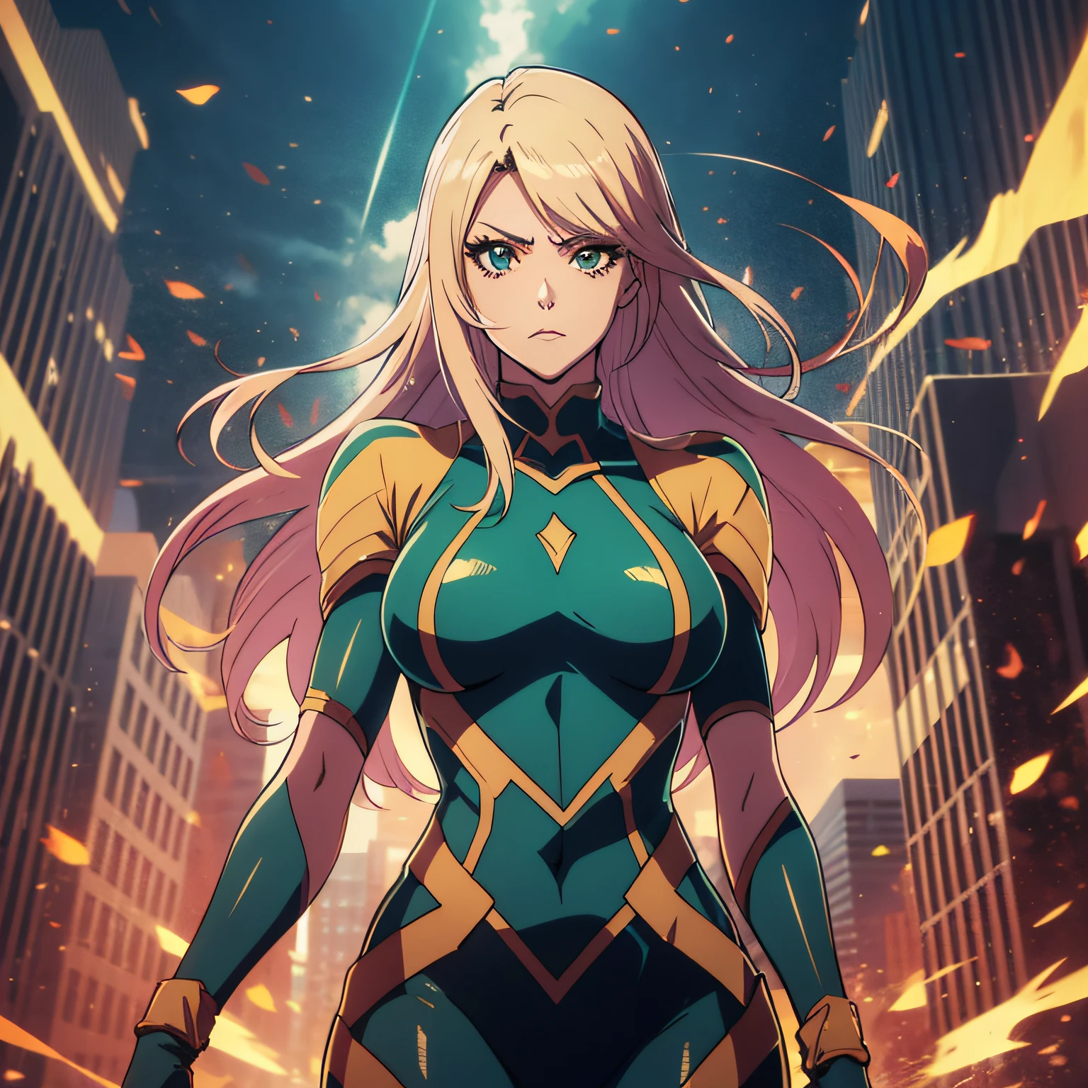 Beautiful woman full body, face perfect, long blondie hair, eyes glowing green, Beautiful woman full body, 30years, muscular and perfect body, orange jumpsuit, breasts big, 1girl, Particle, wind magic, pose, imminet attack, anger, dominant and intimidating, posture of fight, fighting costume, bleach style, animes style, girl from anime manga, Shonen, Nikaido style by dorohedoro, Epic anime style, cinematic lighthing, Epic composition, face detailed, detailedeyes, extremely detaild.
