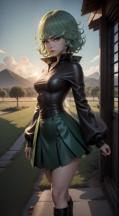 full body shot of a real life tatsumaki from one punch man, solo, flying in the sky, black and blue slit skirt, scene in green f...