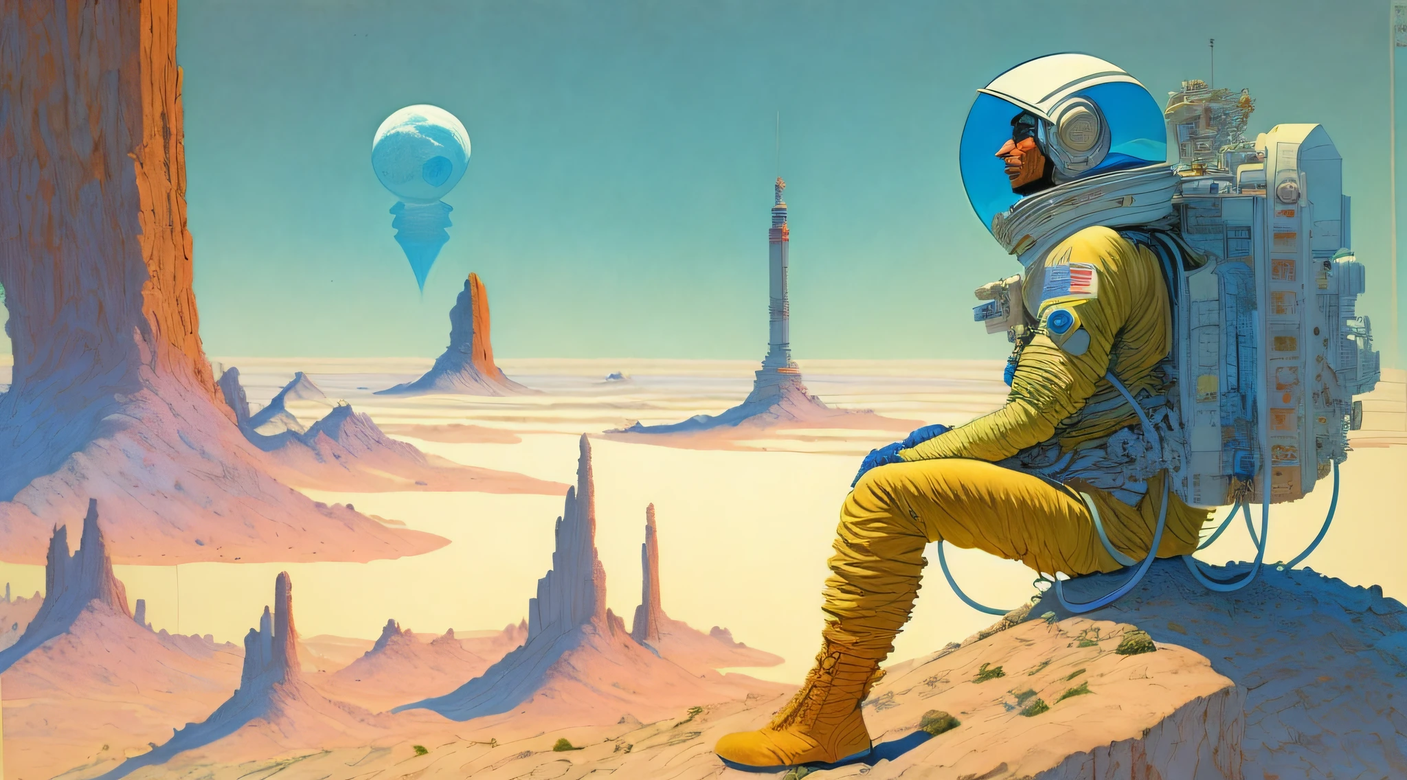 uma pintura de um astronauta em traje espacial, de pé em um penhasco com uma grande nave espacial ao fundo por Moebius Jean Giraud