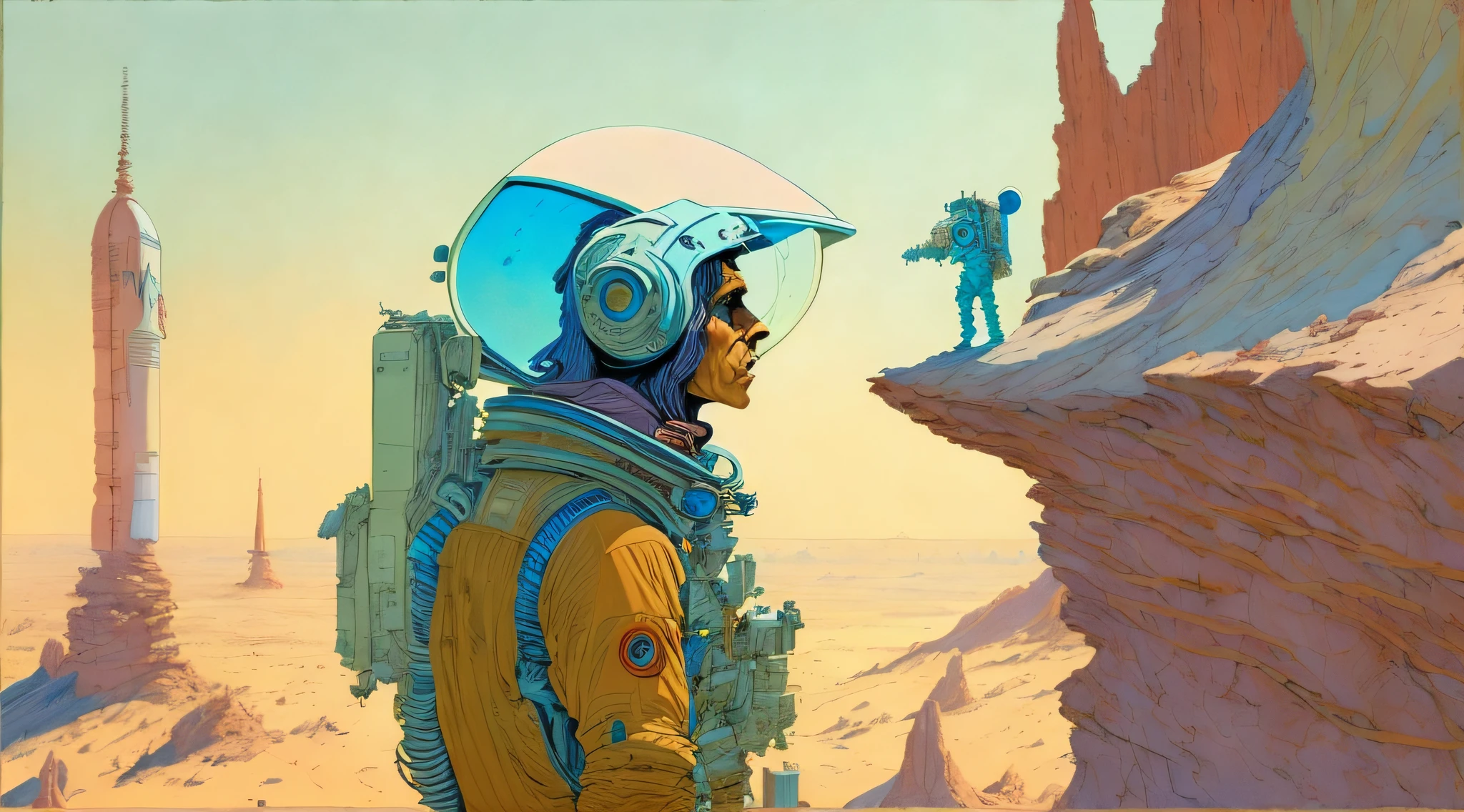 uma pintura de um astronauta em traje espacial, de pé em um penhasco com uma grande nave espacial ao fundo por Moebius Jean Giraud