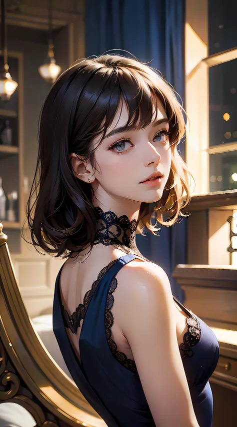 (airport:1), PM, (Dark blue gown:1), Golden Fringe Shorthair, Light brown eyes, 1girl in, 20yr old, Innocence, (Photorealsitic), (intricate-detail:1.2),(​masterpiece, :1.3),(top-quality:1.4), (超A high resolution:1.2), 超A high resolution, (A detailed eye), ...