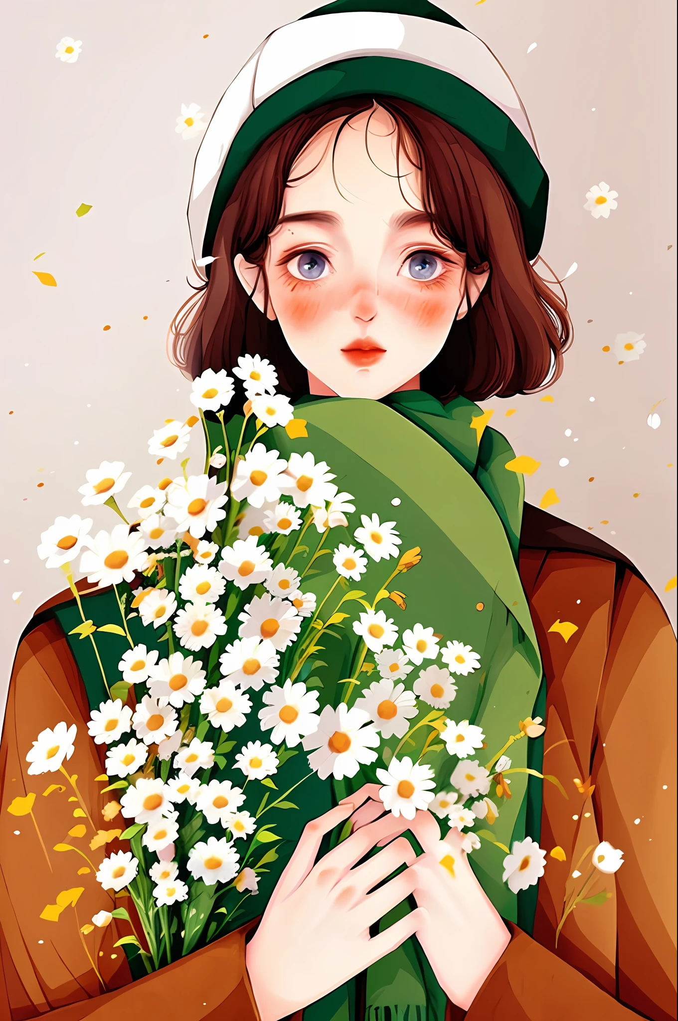 yxycolor,1girl in, Solo, flower, Green Scarf, scarf, Brown hair, White cap, hat, white blossoms, blush, Blue eyes, Looking at Viewer, Upper body, Long sleeves, Holding, Short hair, coat, Jacket, Simple background, holding flowers